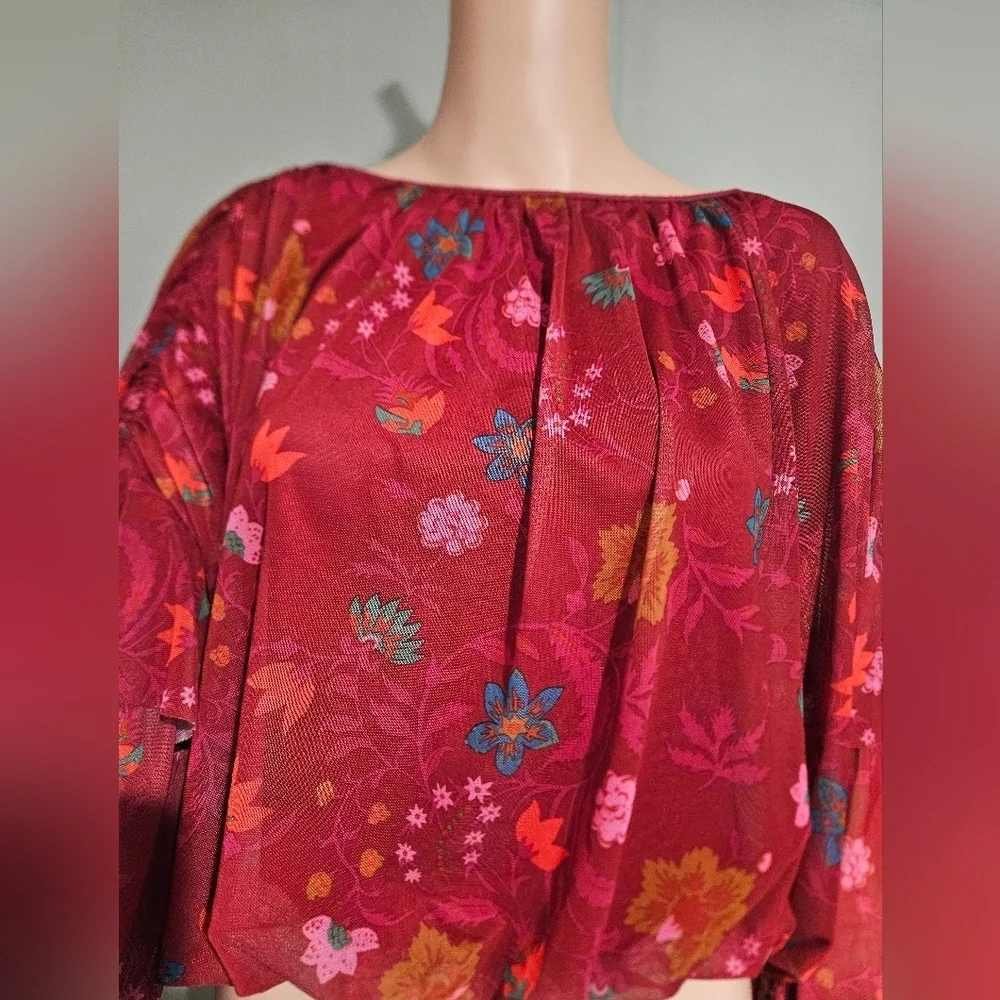 FREE PEOPLE Sheer Floral Wildflower Ruffle Sleeve Boho Blouse. XS